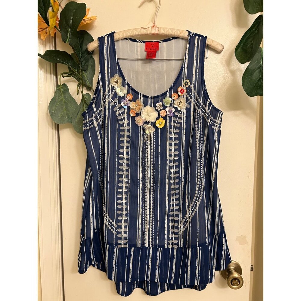 V Cristina Women’s Floral Sleeveless Embroidered Blue Party Pullover M